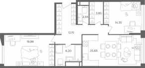 ЖК «Headliner», планировка 3-комнатной квартиры, 85.00 м²