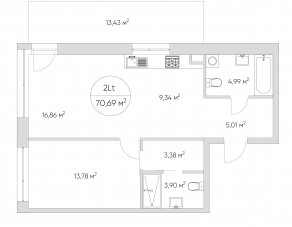 Апарт-комплекс «N'ice loft», планировка 2-комнатной квартиры, 71.00 м²