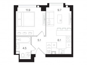 ЖК «Мангазея на Тульской», планировка 1-комнатной квартиры, 37.30 м²