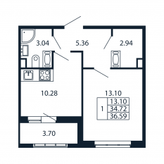 ЖК «Полис Приморский 2», планировка 1-комнатной квартиры, 34.10 м²