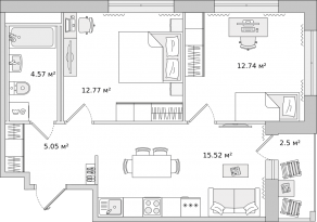 ЖК «Parkolovo», планировка 2-комнатной квартиры, 49.80 м²