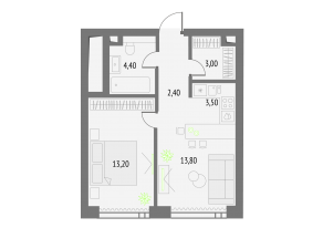 ЖК «Upside Towers», планировка 1-комнатной квартиры, 40.30 м²