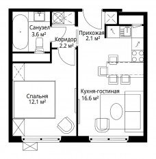 ЖК «Эко Видное 2.0», планировка 1-комнатной квартиры, 36.60 м²