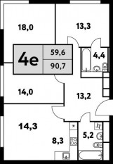 ЖК «Фестиваль парк-2», планировка 4-комнатной квартиры, 90.70 м²