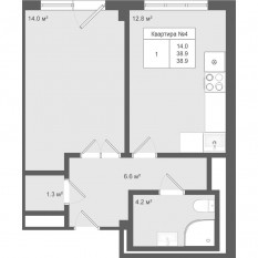 МЖК «Яковлево», планировка 1-комнатной квартиры, 38.90 м²