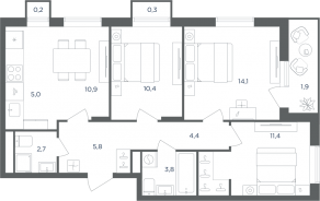 МФК «Равновесие», планировка 4-комнатной квартиры, 70.80 м²