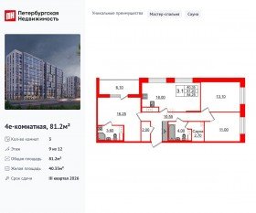 ЖК «Бионика Заповедная», планировка 3-комнатной квартиры, 81.20 м²
