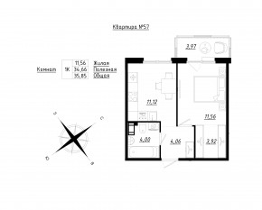 МЖК «Счастье 2.0», планировка 1-комнатной квартиры, 35.85 м²