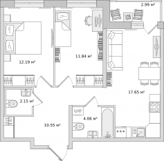 ЖК «Город Первых», планировка 2-комнатной квартиры, 57.50 м²
