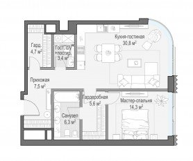ЖК Дом «Лаврушинский», планировка 1-комнатной квартиры, 74.70 м²
