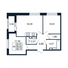 ЖК «Полис Приморский 2», планировка 2-комнатной квартиры, 55.40 м²