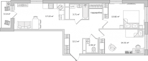 ЖК «Город Первых», планировка 2-комнатной квартиры, 65.30 м²