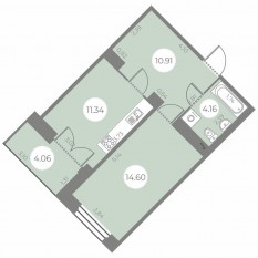 ЖК «Огни Залива», планировка 1-комнатной квартиры, 43.04 м²