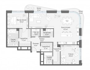 ЖК Дом «Лаврушинский», планировка 3-комнатной квартиры, 169.30 м²