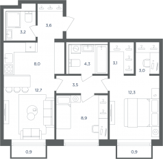 МФК «Равновесие», планировка 3-комнатной квартиры, 63.20 м²
