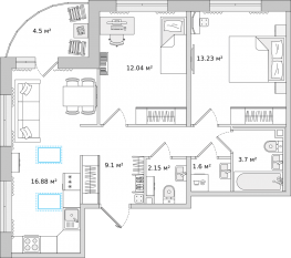 ЖК ЦДС «Dreamline», планировка 2-комнатной квартиры, 57.00 м²