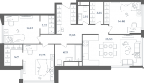 ЖК «Headliner», планировка 4-комнатной квартиры, 101.80 м²