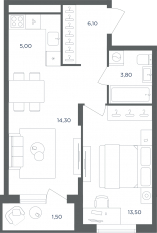 МФК «Равновесие», планировка 2-комнатной квартиры, 44.20 м²
