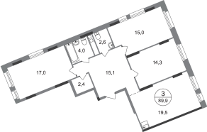 ЖК «Переделкино Ближнее», планировка 3-комнатной квартиры, 89.90 м²