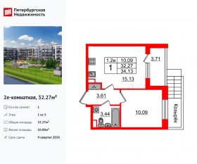 ЖК «Парадный ансамбль», планировка 1-комнатной квартиры, 32.27 м²