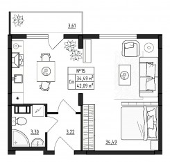 МЖК «Верево-Сити», планировка студии, 42.09 м²