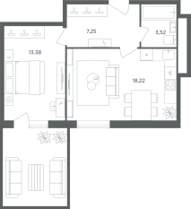 МФК «Равновесие», планировка 2-комнатной квартиры, 42.40 м²