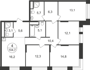 ЖК «Первый Московский», планировка 4-комнатной квартиры, 104.70 м²