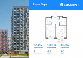 ЖК «Горки Парк», планировка 1-комнатной квартиры, 33.19 м²