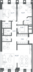 ЖК «Headliner», планировка 3-комнатной квартиры, 107.90 м²