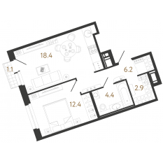 ЖК «Литера», планировка 1-комнатной квартиры, 44.30 м²