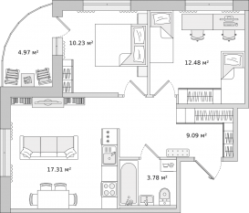 ЖК ЦДС «Dreamline», планировка 2-комнатной квартиры, 52.80 м²