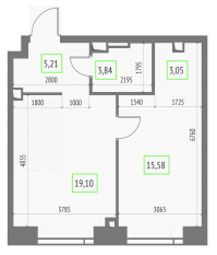 ЖК «Upside Towers», планировка 1-комнатной квартиры, 46.78 м²