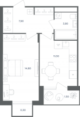МФК «Равновесие», планировка 1-комнатной квартиры, 37.40 м²