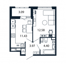 ЖК «Полис Приморский 2», планировка 1-комнатной квартиры, 32.20 м²
