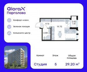 ЖК «GloraX Парголово», планировка студии, 29.20 м²