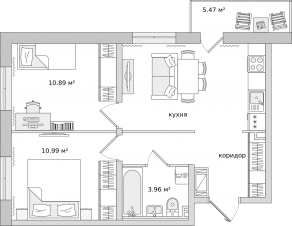 ЖК ЦДС «Новые Горизонты», планировка 2-комнатной квартиры, 48.50 м²