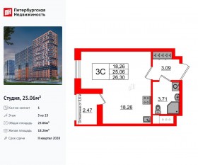 ЖК «Город звезд», планировка студии, 25.06 м²