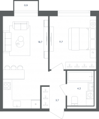 МФК «Равновесие», планировка студии, 38.70 м²