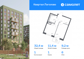 ЖК «Квартал Лаголово», планировка 1-комнатной квартиры, 32.43 м²