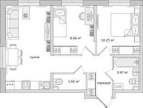 ЖК ЦДС «Новые Горизонты», планировка 2-комнатной квартиры, 52.10 м²