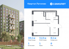 ЖК «Квартал Лаголово», планировка 1-комнатной квартиры, 33.09 м²