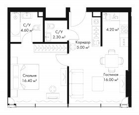 МФК «SLAVA», планировка 1-комнатной квартиры, 48.40 м²