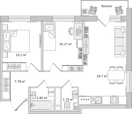 ЖК «Город Первых», планировка 2-комнатной квартиры, 56.05 м²