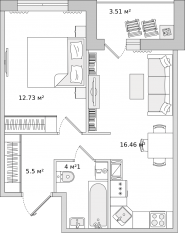 ЖК ЦДС «Dreamline», планировка 1-комнатной квартиры, 38.00 м²