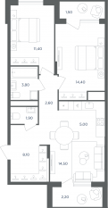 МФК «Равновесие», планировка 3-комнатной квартиры, 65.40 м²
