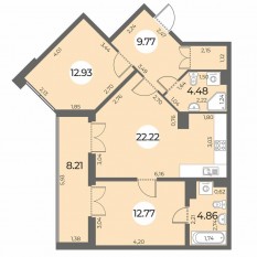 ЖК «Огни Залива», планировка 2-комнатной квартиры, 71.14 м²