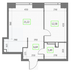 ЖК «Upside Towers», планировка 1-комнатной квартиры, 45.93 м²