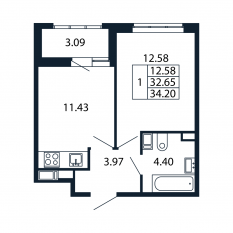 ЖК «Полис Приморский 2», планировка 1-комнатной квартиры, 32.20 м²