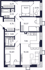 Квартал «Тетрис», планировка 3-комнатной квартиры, 81.30 м²