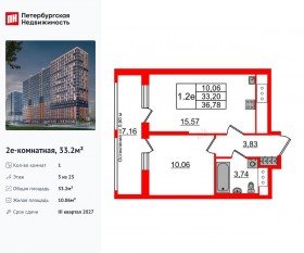 ЖК «Город звезд», планировка 1-комнатной квартиры, 33.20 м²